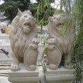 Pair of hand carved sandstone animal sculpture stone lion statue with shield